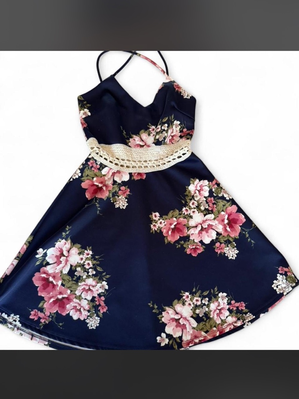 Floral Navy Spaghetti-Strap Dress with Lace Waist